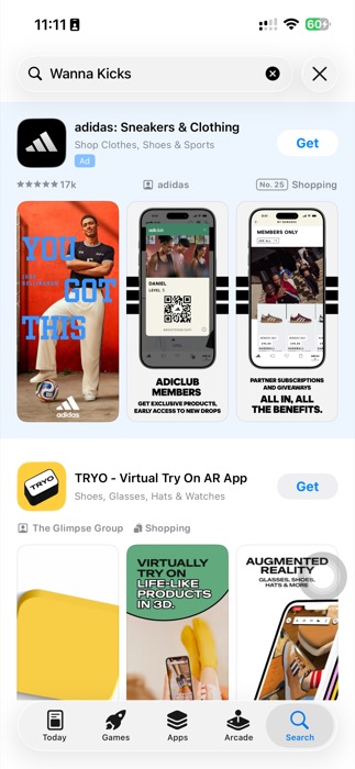 Search Wanna Kicks trên App Store — không thấy, phát hiện app indie TRYO và adidas