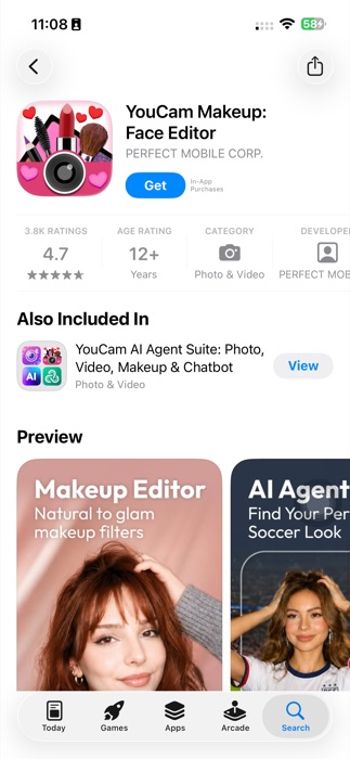 YouCam Makeup trên App Store — 4.7 sao, 3.8K ratings